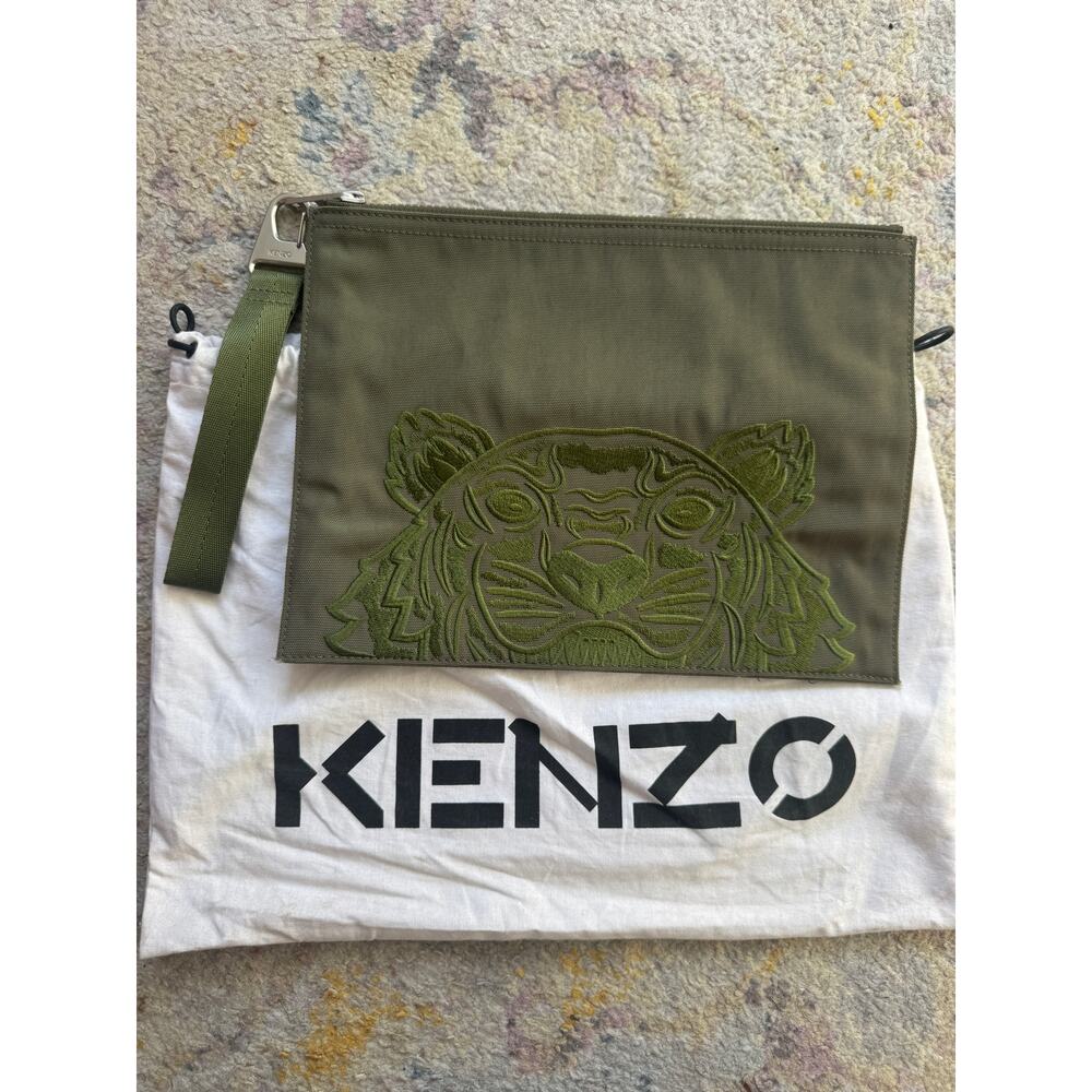 Kenzo Green Tiger Embroidered Canvas Zip Flat Pouch
